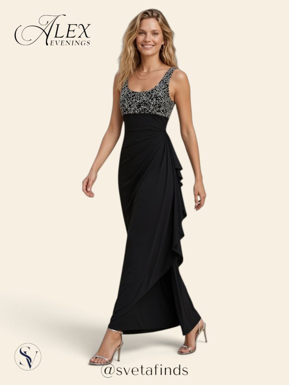 NWOT Alex Evenings Metallic Embroidered Bodice Mock-Wrap Maxi Gown Size 6